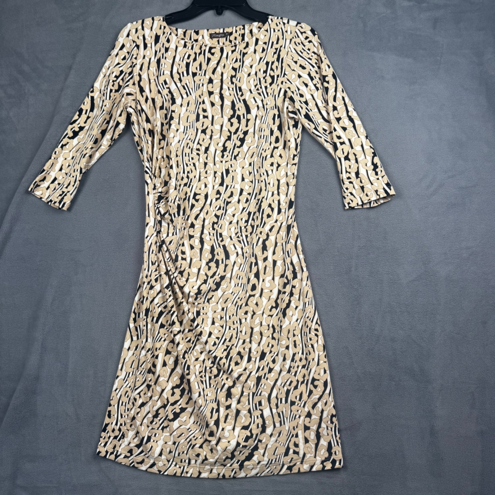 J.Mclaughlin Womens Xs Tan Black Animal Print Ruched Sheath Dress 3/4 Sleeve